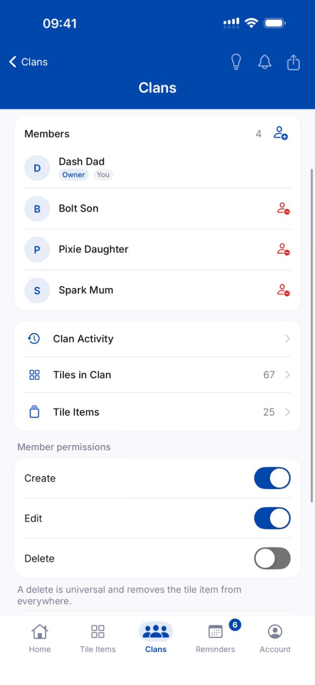 A clan in ClanIt showing its members and the create, edit and delete permissions that apply to all of them