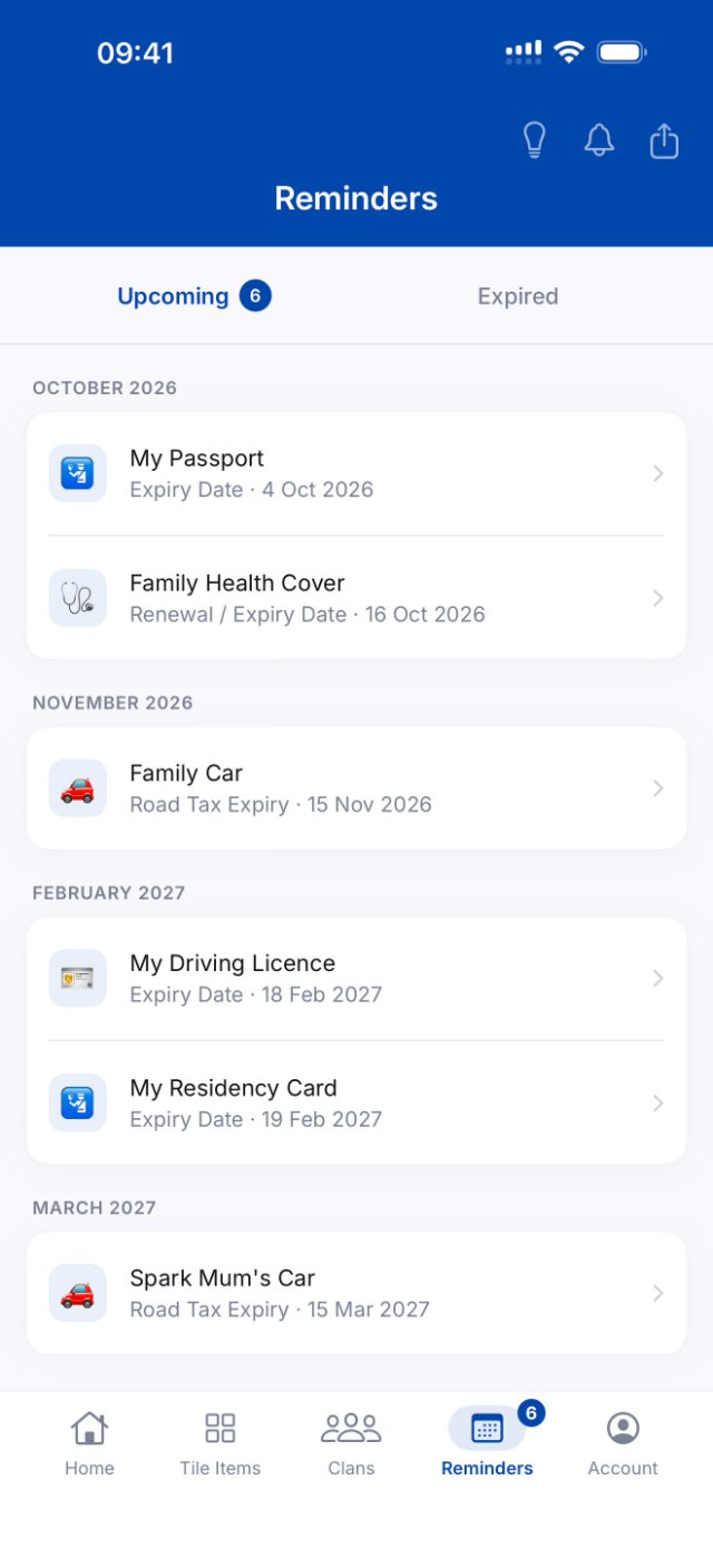 The Reminders screen in ClanIt, with upcoming expiry dates grouped by month