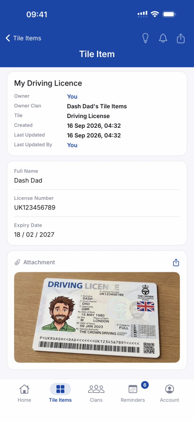 A driving license tile item in ClanIt: labeled fields with the scanned document attached below them
