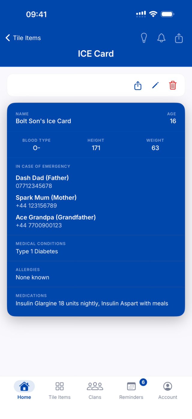 An ICE Card in ClanIt showing blood type, emergency contacts, conditions and medications